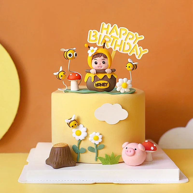 Karikatúra zvierací koláč zdobenie dodávky včela Felt Honey Hodnota narodeninové torty zaliať na narodeninovú tortu zdobenie Znak Topper darček
