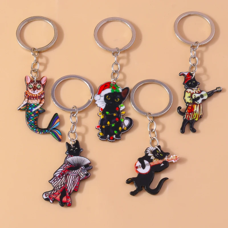 Karikatúra zvierací mačka Keychain vtipná gitarová morská panna Cat Prívesky Keyringy pre ženy Men muž Key Key kabelka zavesenie kľúče reťaze Diy darček