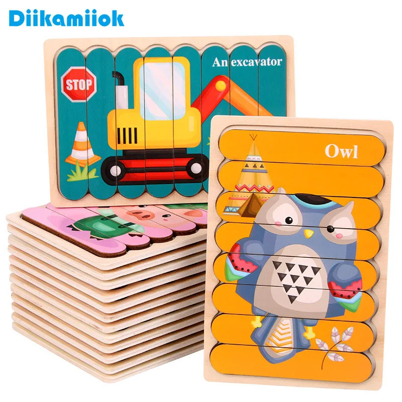 Karikatúra zvierací obojstranný pás Drevené hádanky Kids Montessori Jigsaw Game detské vzdelávacie hračky pre deti