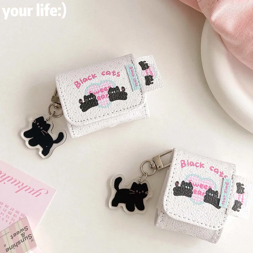 Karikatúra čierna mačka kožená slúchadlá Puzdro roztomilé srdce Kľúčenka Keychain Wireless Bluetooth nabíjacie box