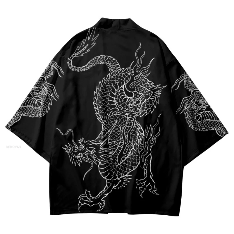 Karikatúra čínsky drak potlačený čierny kimono streetwear muži ženy v Cardigan Japan Japas