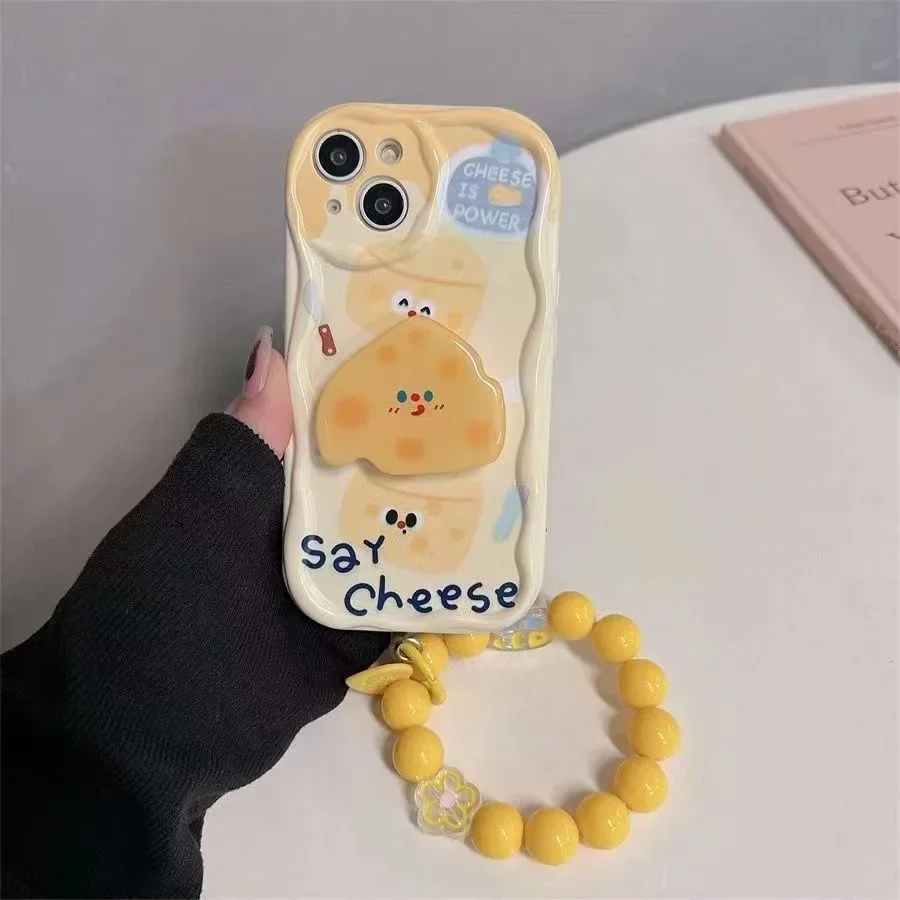 Karikačný syr 3D vlnový držiak na náramok pre iPhone 16 15 14 13 12 11 Pro Max Mini x xr xsmax 8 7 6s Plus kryt