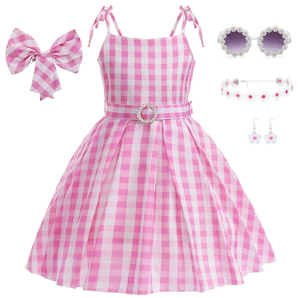 Karnevalová párty Barbie Cosplay kostýmy pre dievčatá deti Pink princezná šaty Suspender Plaid s okuliarskymi náušnicami doplnkov