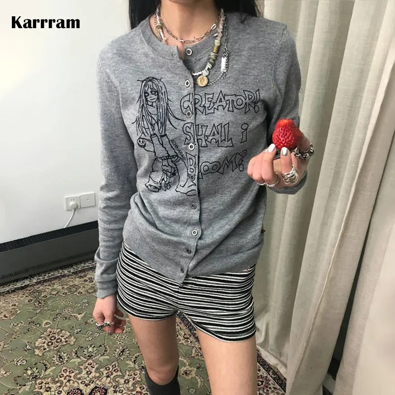 Karram japonský y2k anime tlačený vesta Vintage harajuku pletené vonkajšie oblečenie Kórejský štýl šedý pletený mletie American Retro 2000s