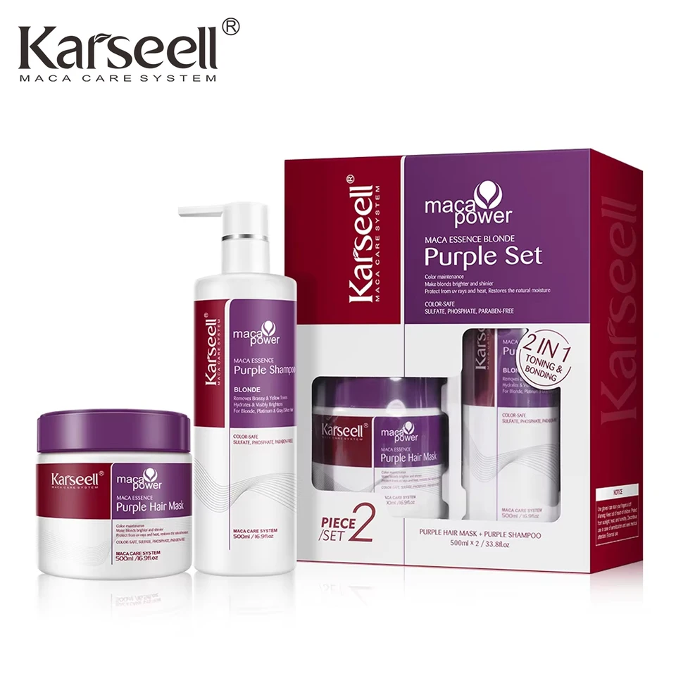 Karseell Maca Power Fialová vlasová maska ​​a šampón Profesionálny neutralizuje mosadzné žlté tóny pre blond strieborné sivé zvýraznené vlasy