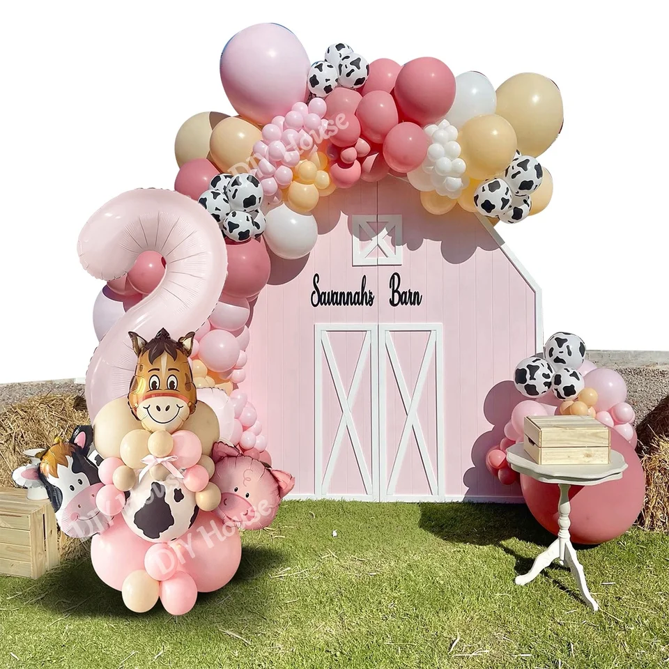Kartón Farm Animal Balon Set s ružovým fóliovým číslom Balón pre deti poľnohospodárska pôva