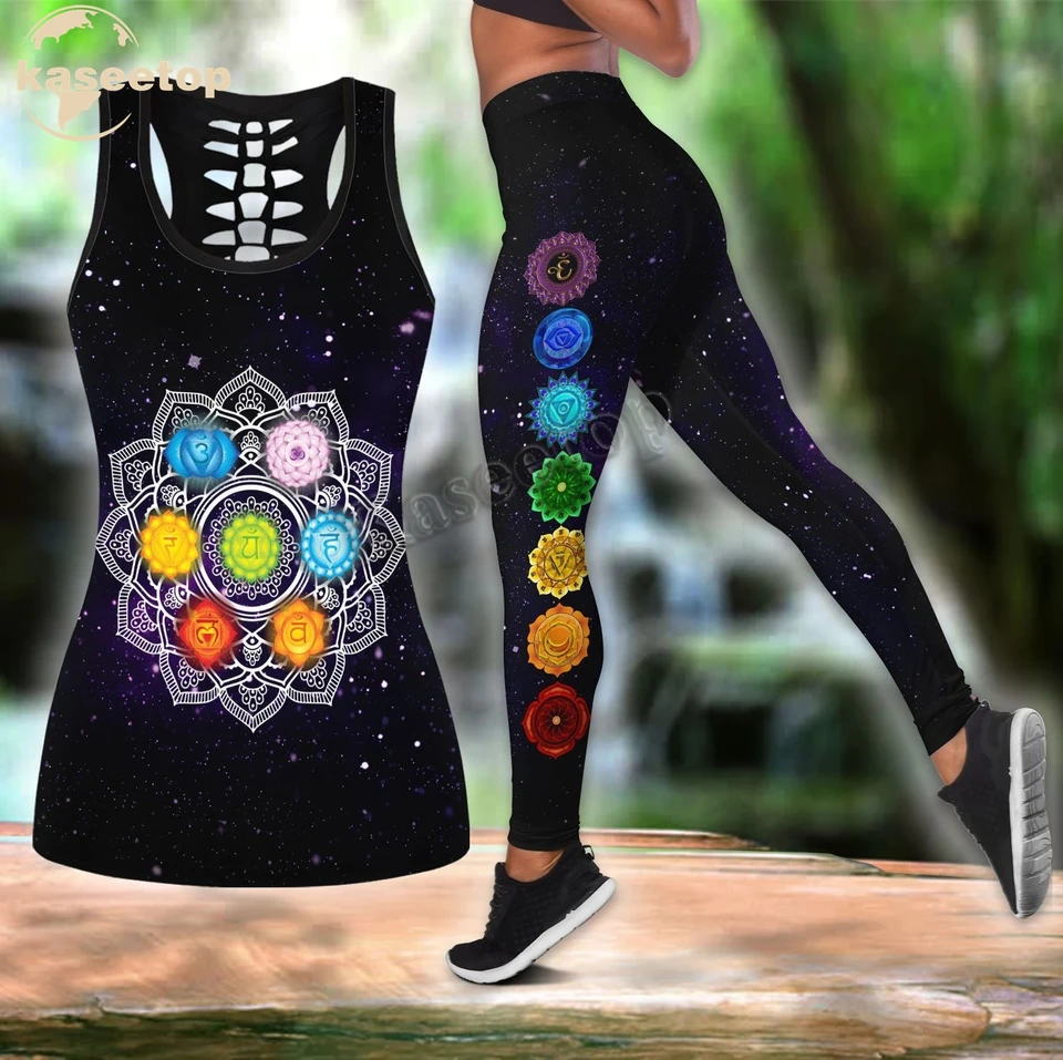 Kaseetop Twilight Chakra Galaxy Yoga Two -Piece Yoga Set Women 3D Print Vesta Dutlow Out Hollow Tank & Legging Outfit Summer LK101