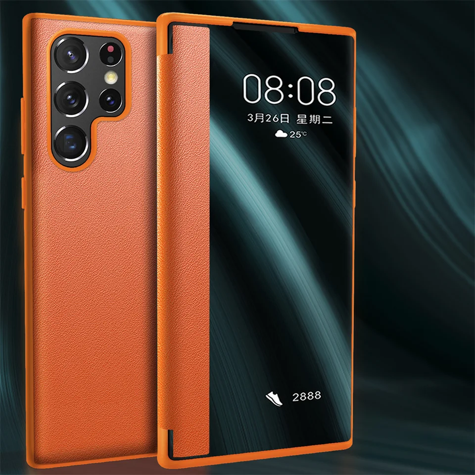 Kastíka na kožené kožené puzdro pre Smart View pre Samsung Galaxy S25 S24 S23 Ultra S22 S21 Plus Luxury 360 Celotelové šokom odolné voči nárazu