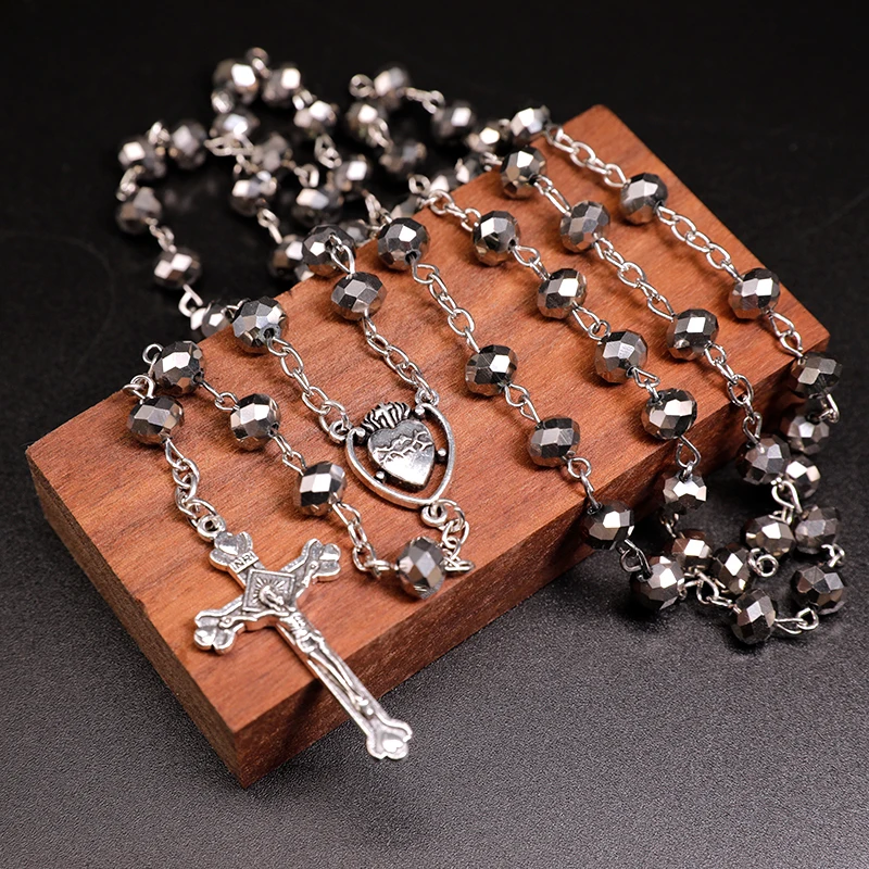 Katolícke šperky strieborné krištáľové korálky reťaz ruženca Sacred Heart Connect Ježiš kríž prívesok náhrdelník pre mužov Ženy náboženské