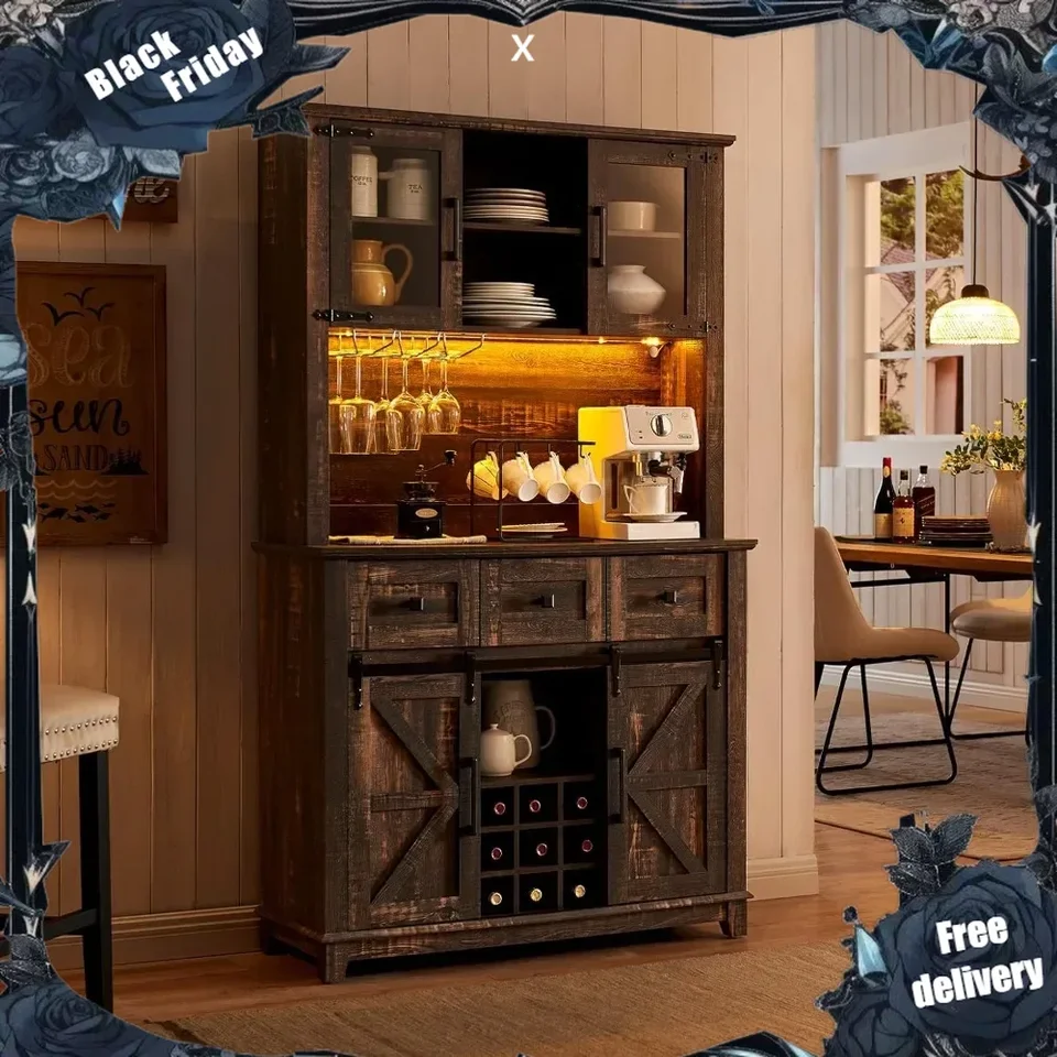 Kaviareň s kaviarňou s posuvnými dverami stodoly, 72 '' Farmhouse Kitchen CHEERBOARD, úložný stôl bufetu, stojany na pohár na víno