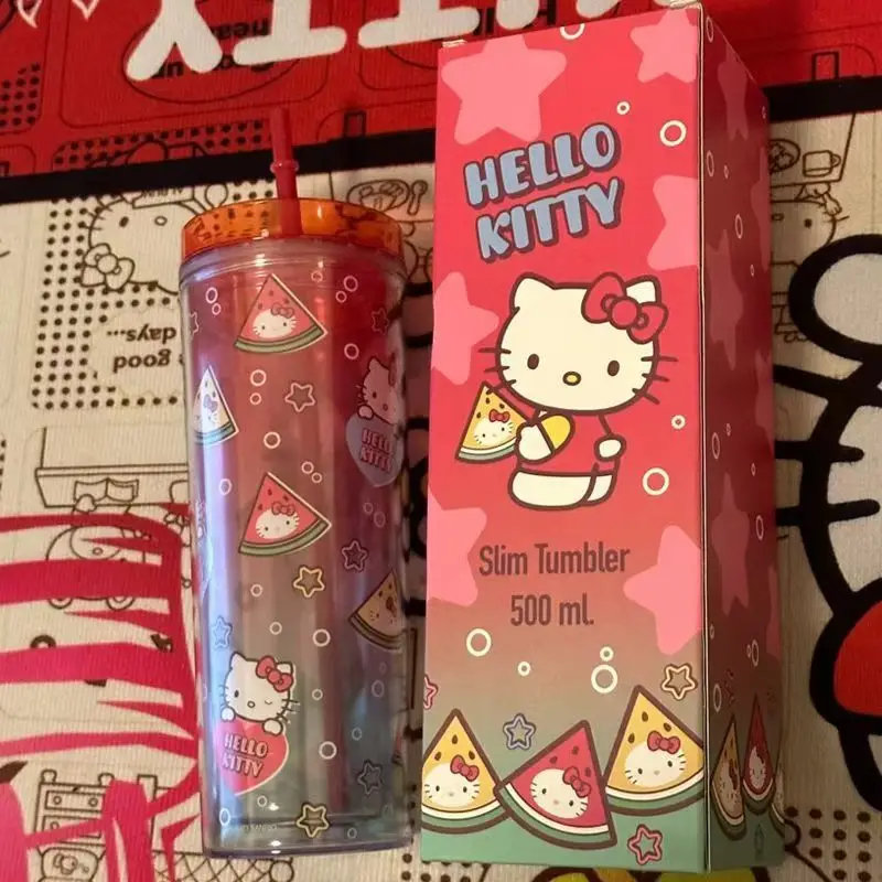 Kawaii Anime Cup Hello Kitty Straw Cup 500 Ml Cute Sanrio Summer Cold Drinks Rovné šálky Karikačné šálky Kávy Dámske šálky vody
