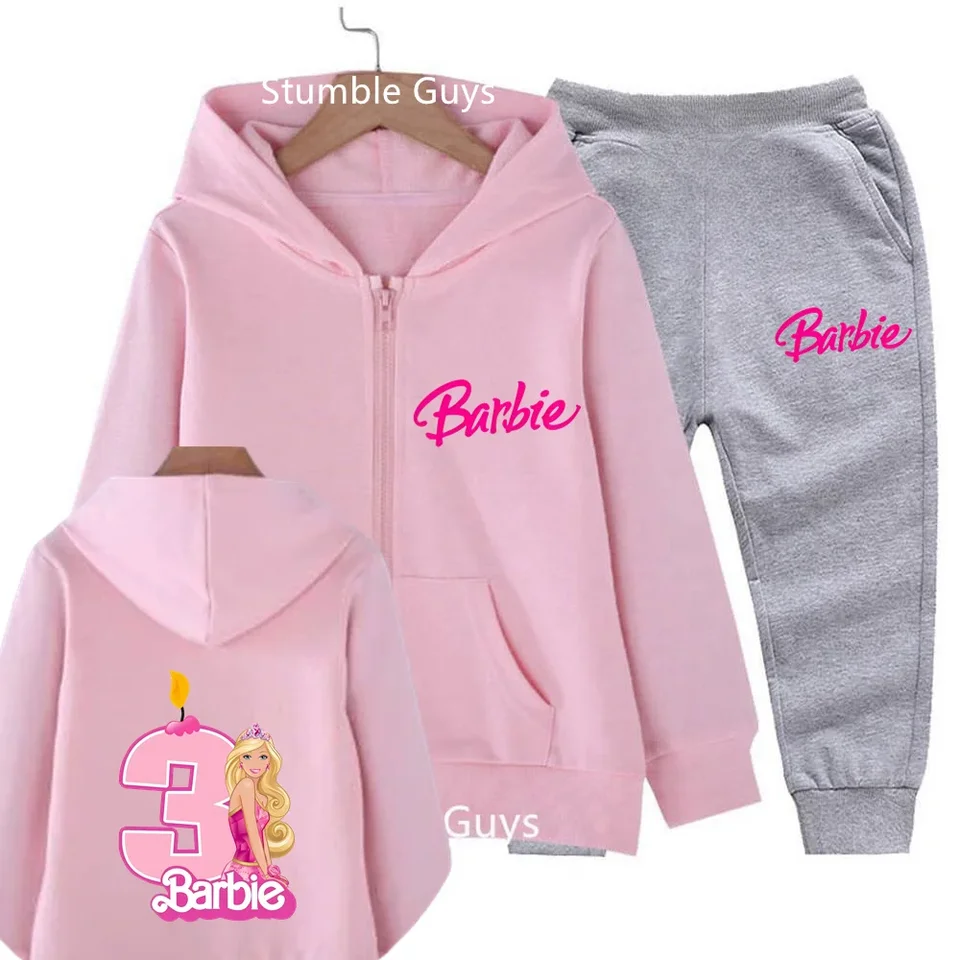 Kawaii Barbie Pin Zipper Hoodie Kids Girls Narodeniny číslo 3 4 Mikina jeseň Zimná zimná rukáv dlhý rukáv Harajuku Jumper Disney