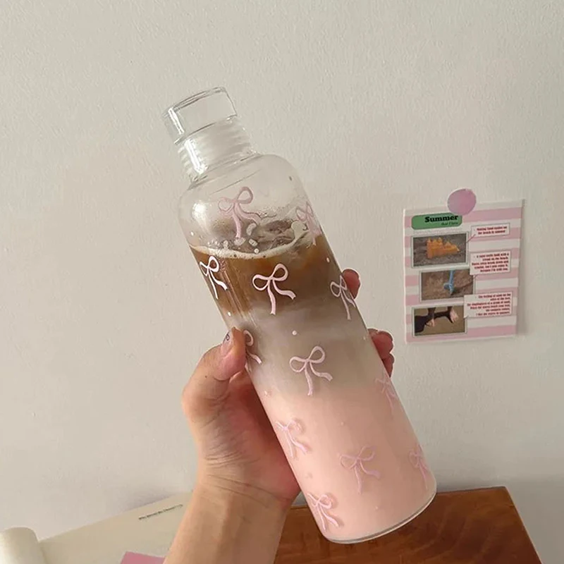 Kawaii Bow plastová fľaša s vodou s časovým stupňom priehľadná vodná šálka vonkajšia športová škola fľaša na pitnú vodu
