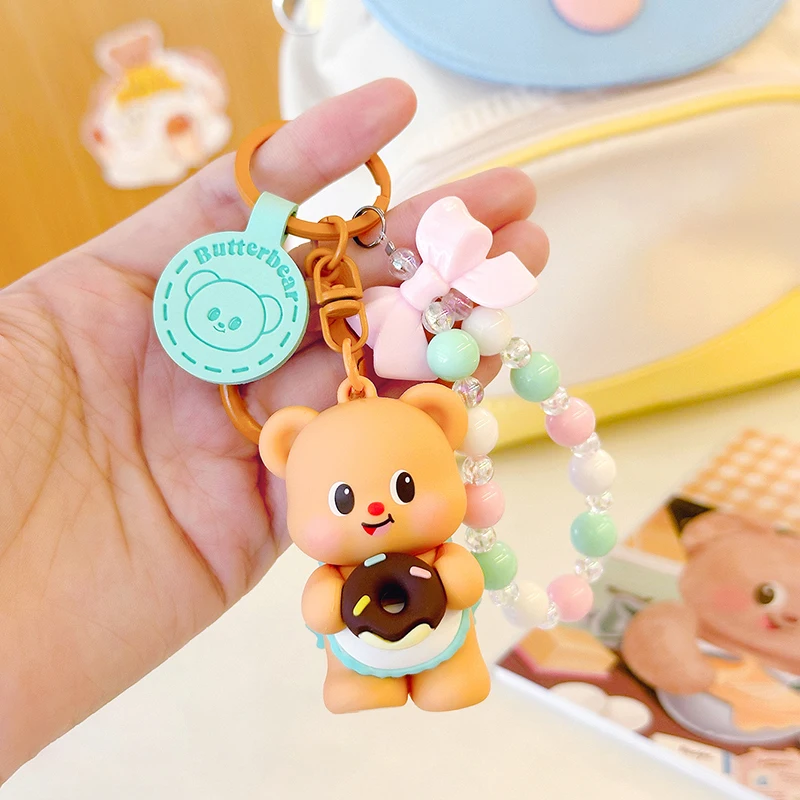 Kawaii Cartoon Butter Bear Keychain kúzla hračky pre ženy dievčatá roztomilé anime bábiky korálkové kľúče prívesok batohový batoh darček