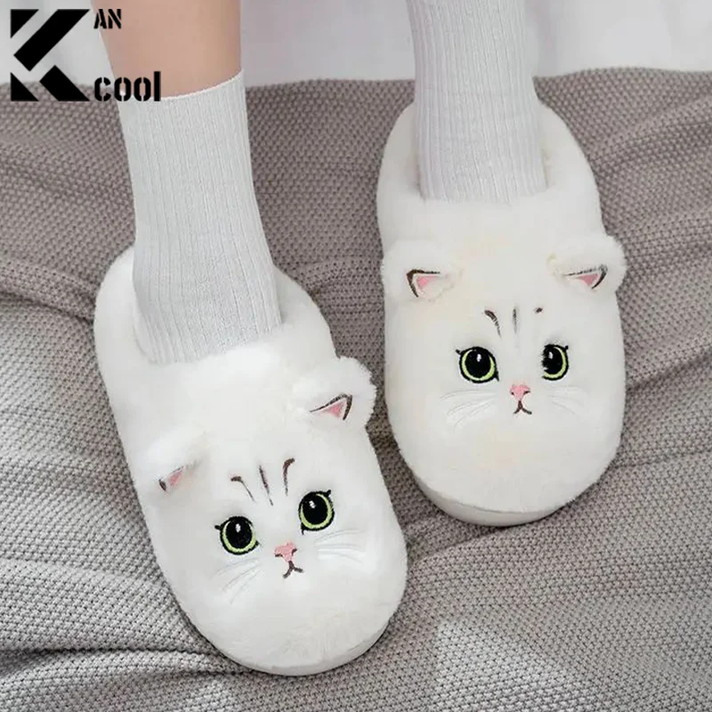 Kawaii Cartoon Cat Fuzzy papuče - Ultra mäkká tkanina Vnútorná, plyšová plochá podrážka, útulné teplo, TPR odolný podrážok, tkanina horná - p