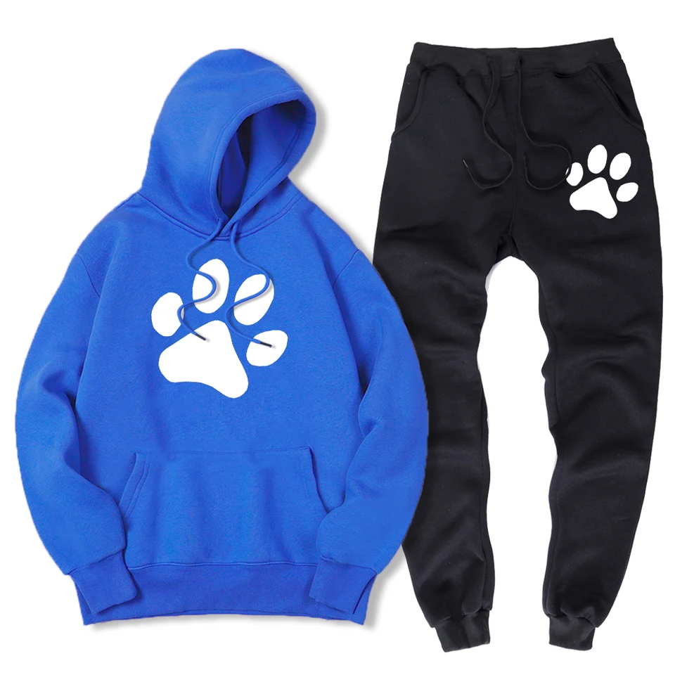 Kawaii Cartoon Dog Paw Print muži Mikina + teplák Winter Fleece 2 kusové súpravy voľný nadrozmerný oblečenie Muž