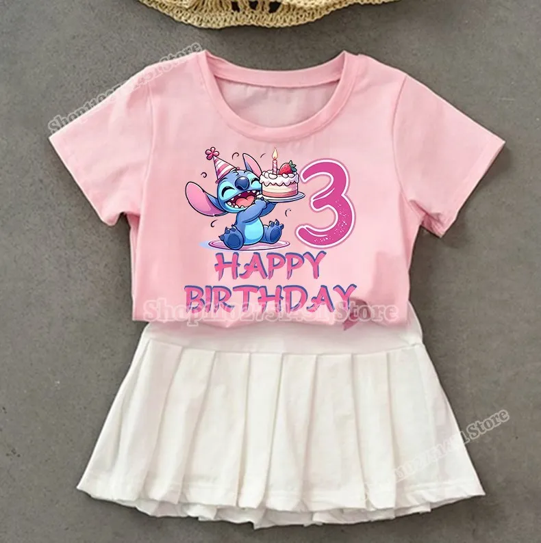 Kawaii Cartoon Stitch Print Pink Tričko skladaná sukňa dvojdielne set pre deti uniformné šaty lilo stich narodeniny číslo