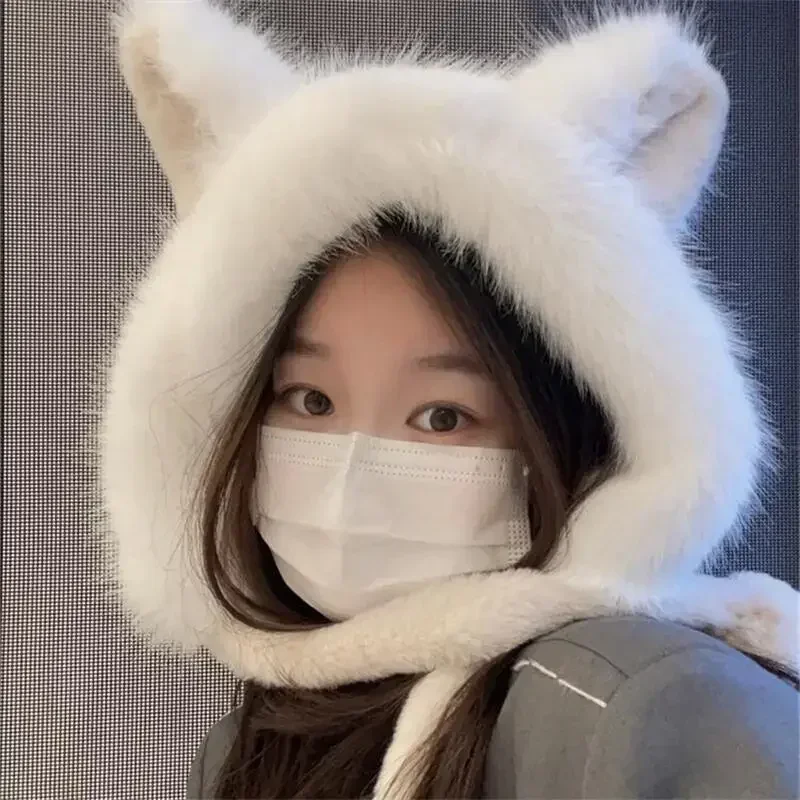 Kawaii Cat Ear klobúky Zimné silné pohodlné klobúky s bobblami roztomilý klobúk pre ženu vonkajšie veterné teplé klobúky