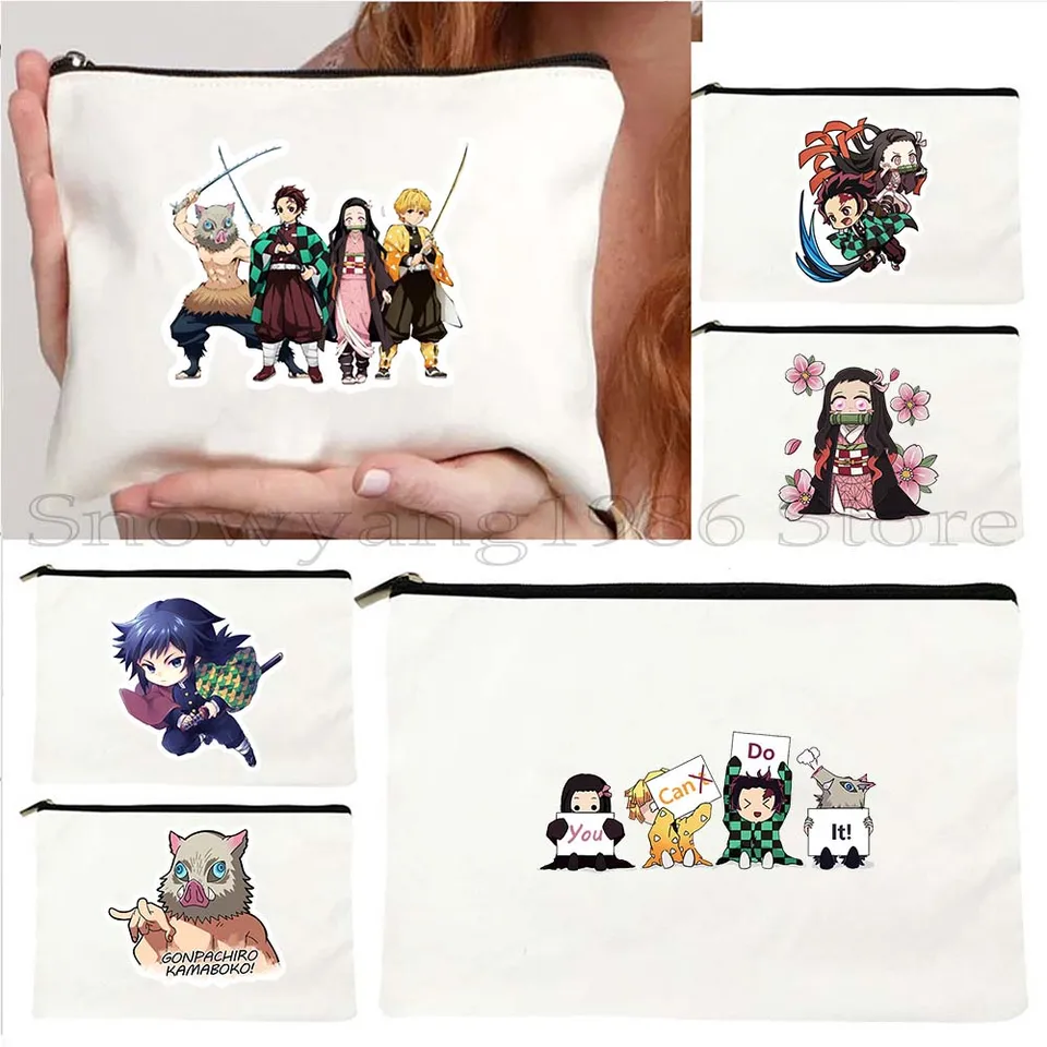 Kawaii Chibi Demon Slayer Anime Grafika Kimetsu Tanjiro Giyu Gonpachiro Canvas Cosmetic Bag make -up rúž rúž v puzdre ceruzka