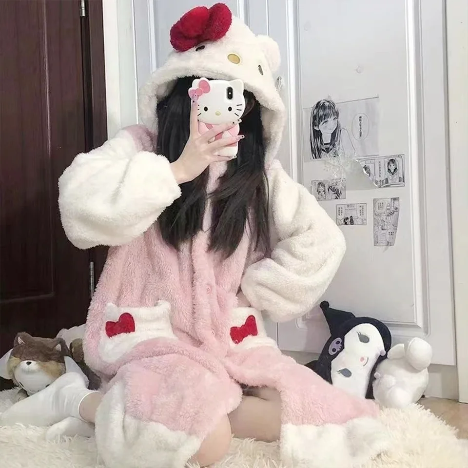 Kawaii Hello Kitty 2pcs plyšové pyžamy nočné-robo-robe oblek sanrioed anime kuromi domáce oblečenie Zimné dlhé štýl Zhustené nočné nohavice nočné košele