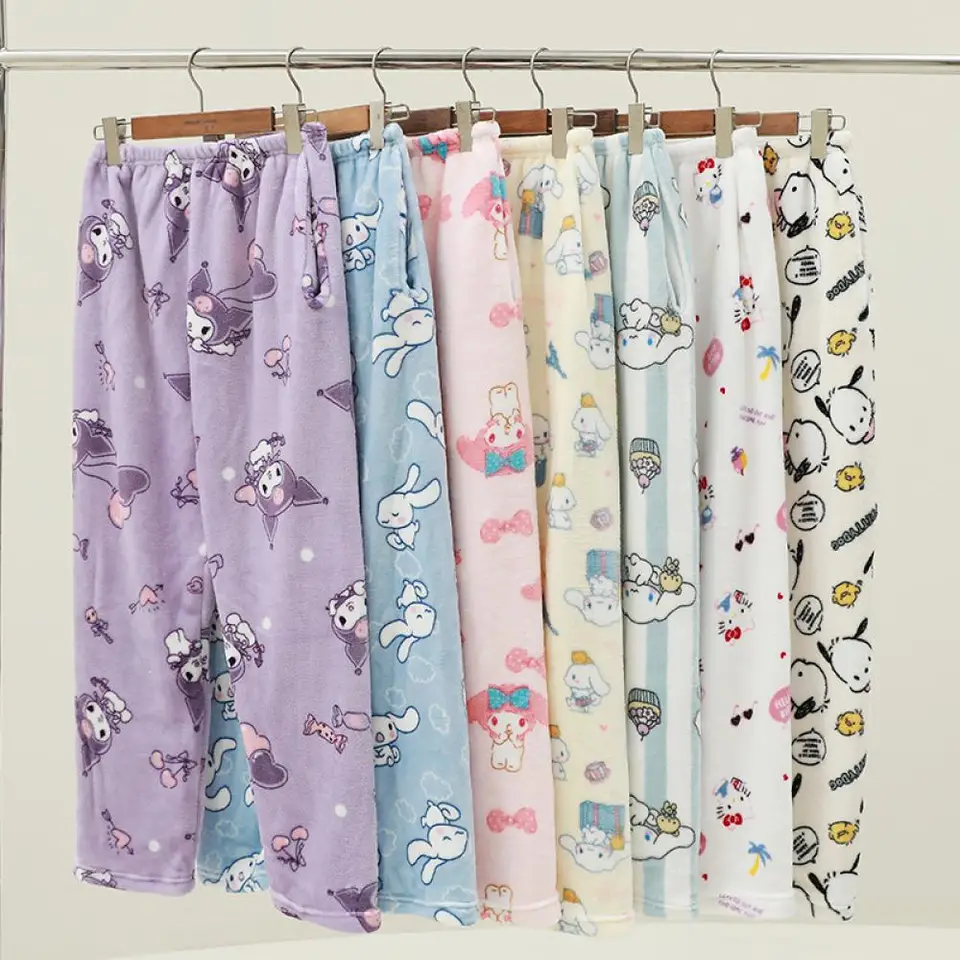 Kawaii Hello Kitty Cinnamoroll plyšové pyžamové nohavice Ženy sanrioed y2k dievčatá karikatúra anime Zima zahusťuje teplé voľný čas domov