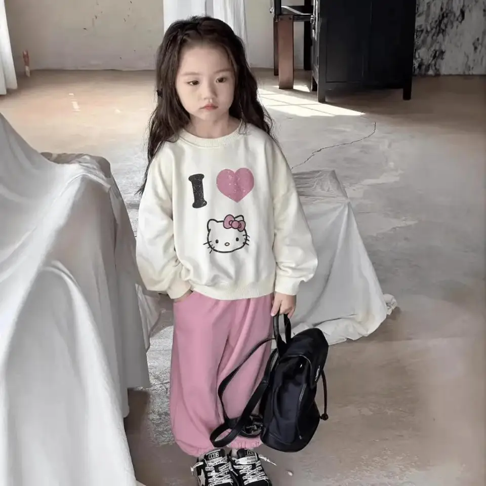 Kawaii Hello Kitty Girls oblečenie obleky Sanrio anime jar jesenné deti móda s dlhým rukávom tričká