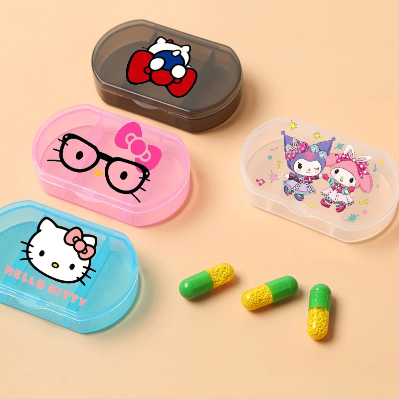 Kawaii Hello Kitty Kuromi Melody Cinnamoroll Prenosná mini tabletka Outdoor Cestovné lieky Skladovacie puzdro Organizátor Transparent