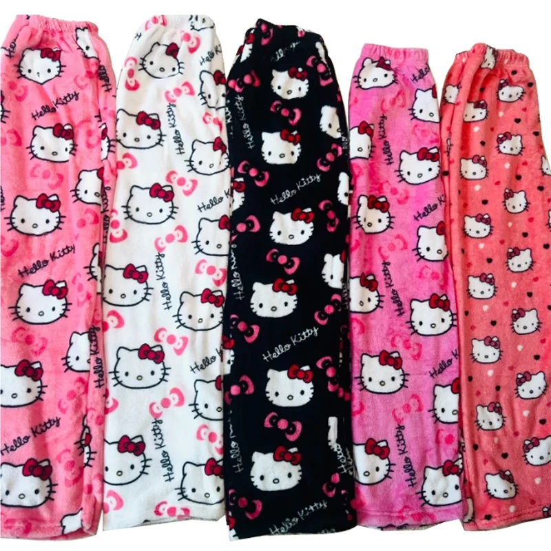 Kawaii Hello Kitty pyžamy čierne anime flanel Ženy Teplá vlna Whitecartoon Príležitostné domáce nohavice Jeseň módne nohavice darčeky