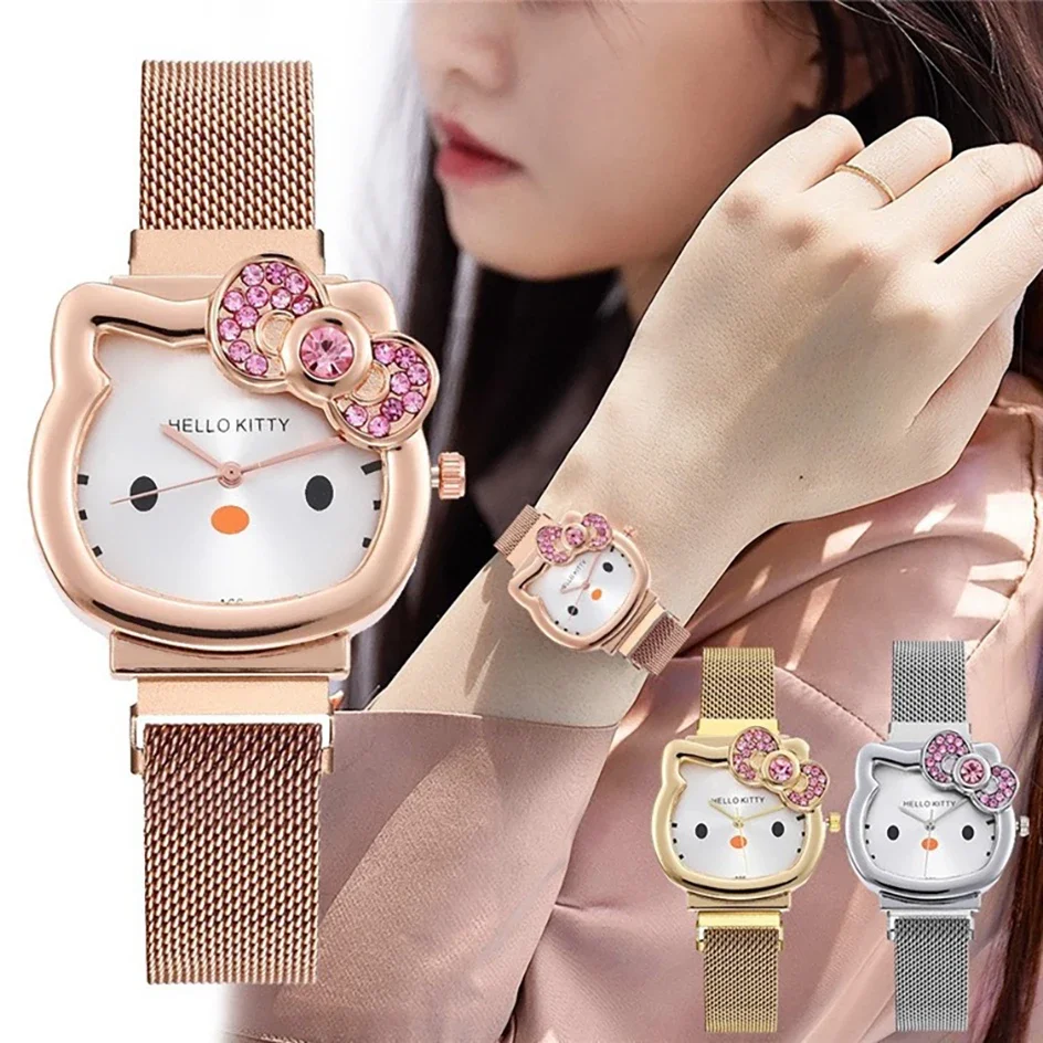 Kawaii Hello Kitty Watch Metal Vintage Diamond Bow Ladies Dámy hodinky kawaii narodeniny karikatúra Anime študent študent magnet remienok darčeky