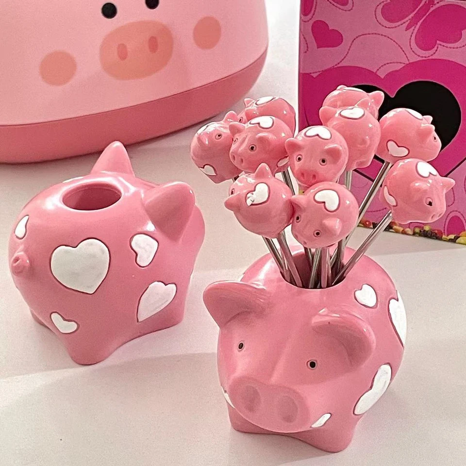Kawaii Ins Fruit Forks so základňou roztomilé ružové prasace srdečné stopy pre deti pre deti Cafe Cake Forks Gift Home Decoration Bento Príslušenstvo