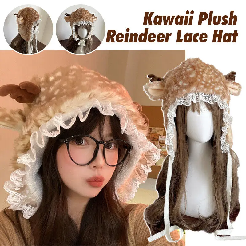 Kawaii lolita Reindeer Deer Faux Fur Plush Hat Furry topánky ponožky gotická čiapka Ohrievače