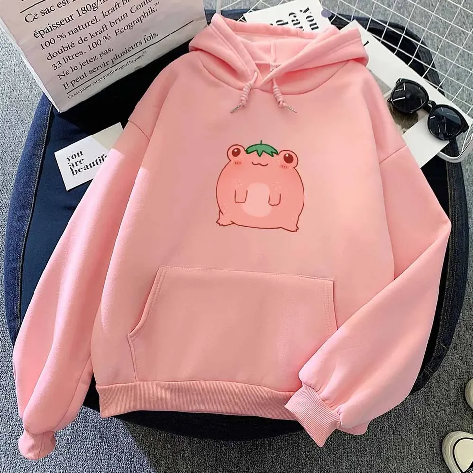 Kawaii mikina pre dievčatá mikiny s vreckovými ružovými mikinu žaba mikiny Dámske nadmerné oblečenie Harajuku s dlhým rukávom s kapucňou