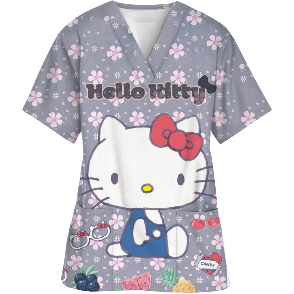 Kawaii Nurse Uniform Scrubs Miniso Womens Cartoon Hello Kitty tlač s krátkym rukávom vreckové uniformy uniformy zdravotná ošetrovateľka blúzka
