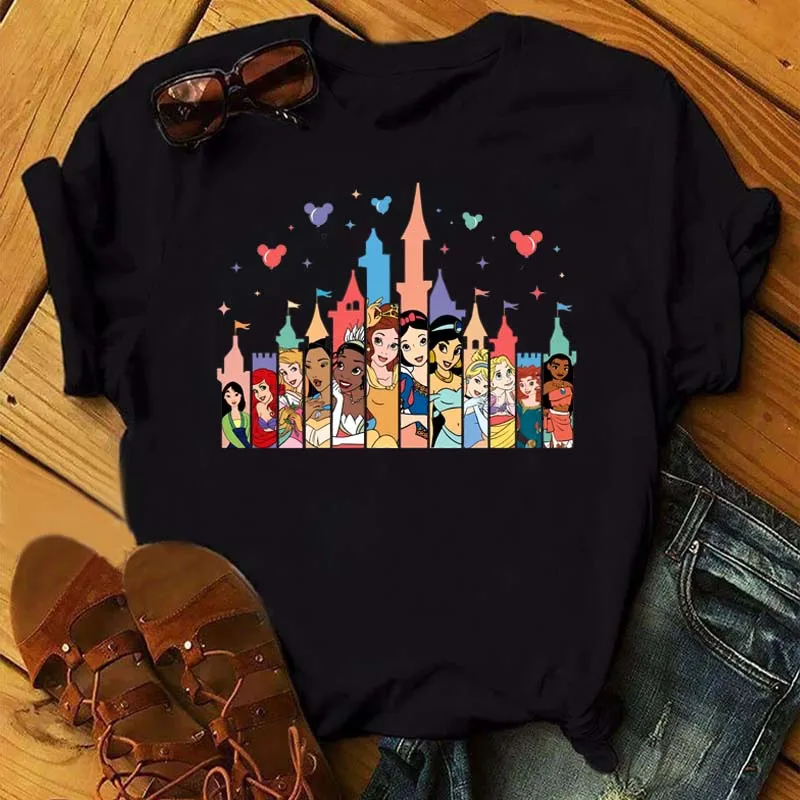Kawaii oblečenie Disney Princess Women Tir Tops Tops Harajuku Cartoon Grafické dámy Tees roztomilé tričko ženské tričká