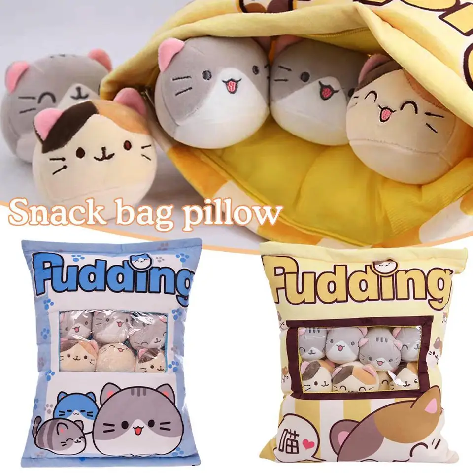 Kawaii plyšový vankúš vankúš roztomilý mačací občerstvenie vankúš Mini mäkký puding tašiek plyšový plyšový