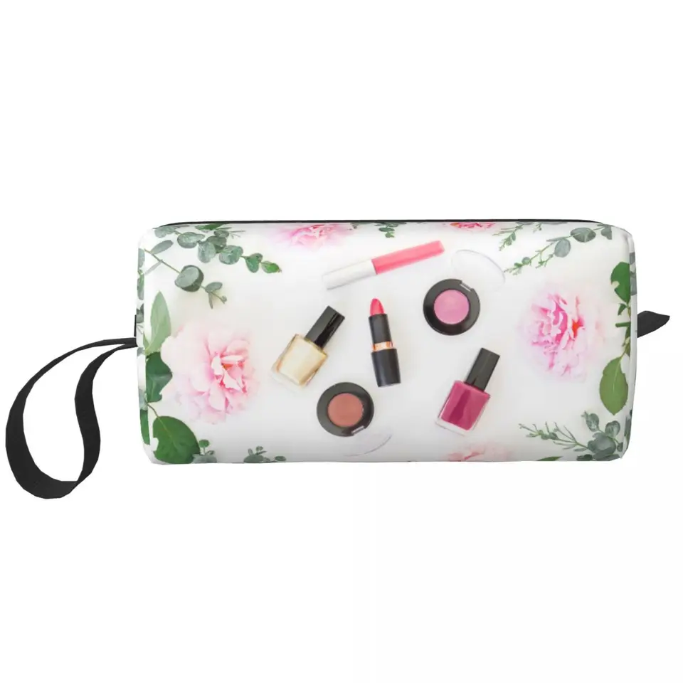 Kawaii ružové kvety a lak na nechty na nechty cestovná toaletná taška pre ženy kozmetický make -up taška na kozmetické úložisko DOPP súprava
