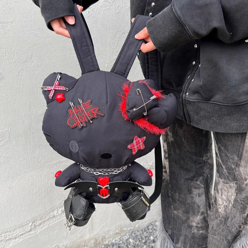 Kawaii Sanrio Hello Kitty Batoh Cartoon Boj batoh všestranná subkultúra punk nit Dark Style Batoh dizajn Blackkt Gray