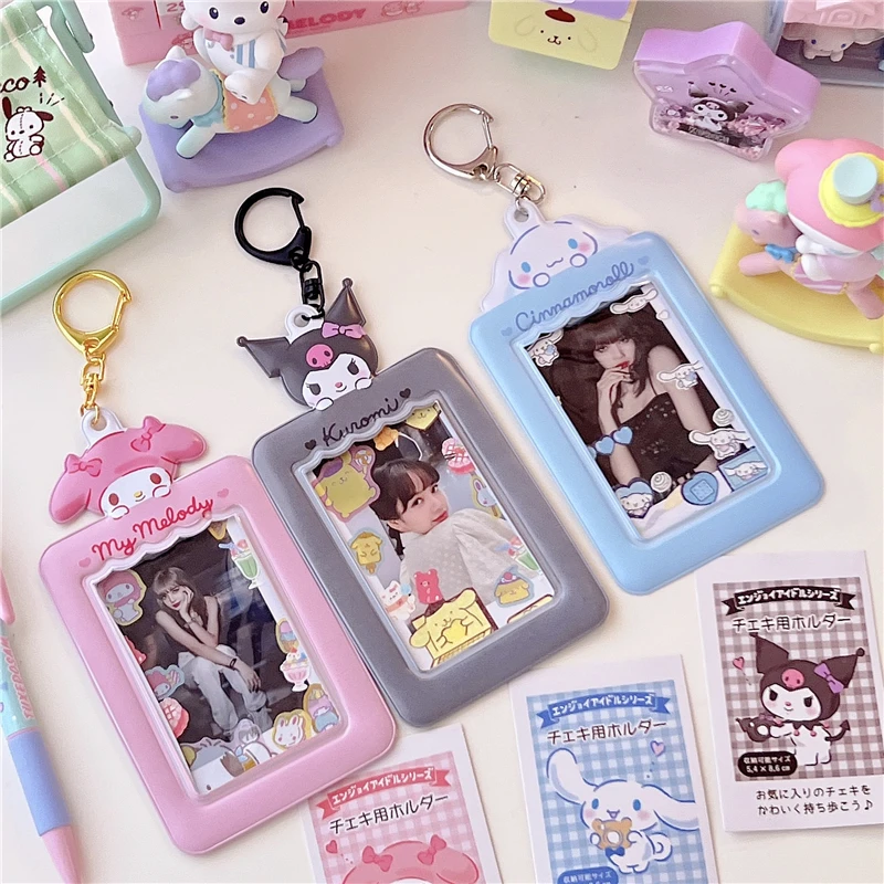 Kawaii Sanrio Hello Kitty Card Držiteľ Kľúčenka roztomilý Cinnamoroll Kuromi Melody KPOP Photo karta puzdro Klávesové kľúče prívesok Girl Gift