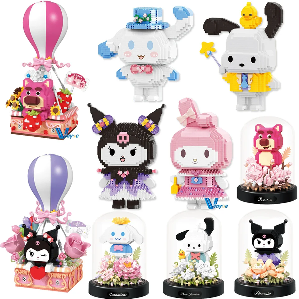 Kawaii Sanrio Pochacco Micro Building Blocks Fire Balón Kuromi Losto Zhromaždený model karikatúra mini tehlová figúrka pre darček
