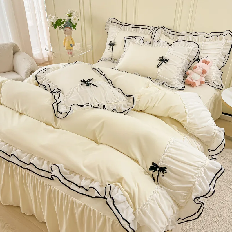 Kawaii Seersucker Bedding Set pre dievčatá princezná luk, čipka čipky sukne sukňou pokožky, ktorá je vhodná pre pevné farebné obaly, súpravy obalov kráľovná kráľ