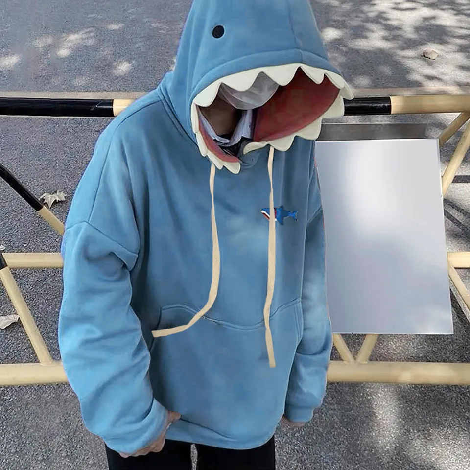 Kawaii Shark Patch s kapucňou mikiny muži Men Ženy Jeseň Funny karikatúra pullover mikiny masívne farebné nadmerné veľké rukávy oblečenie s dlhými rukávmi