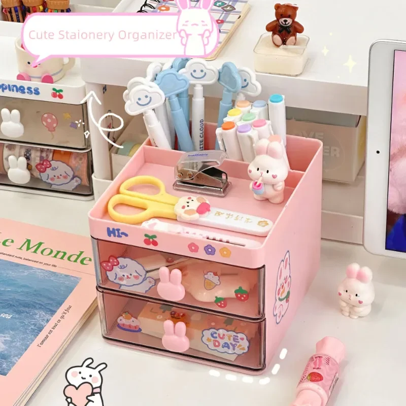 Kawaii stolné počítačové úložiská Organizátor Zásuvka na pero make -up kozmetickú plastovú zásuvkovú úložnú skrinku Organizátor roztomilý