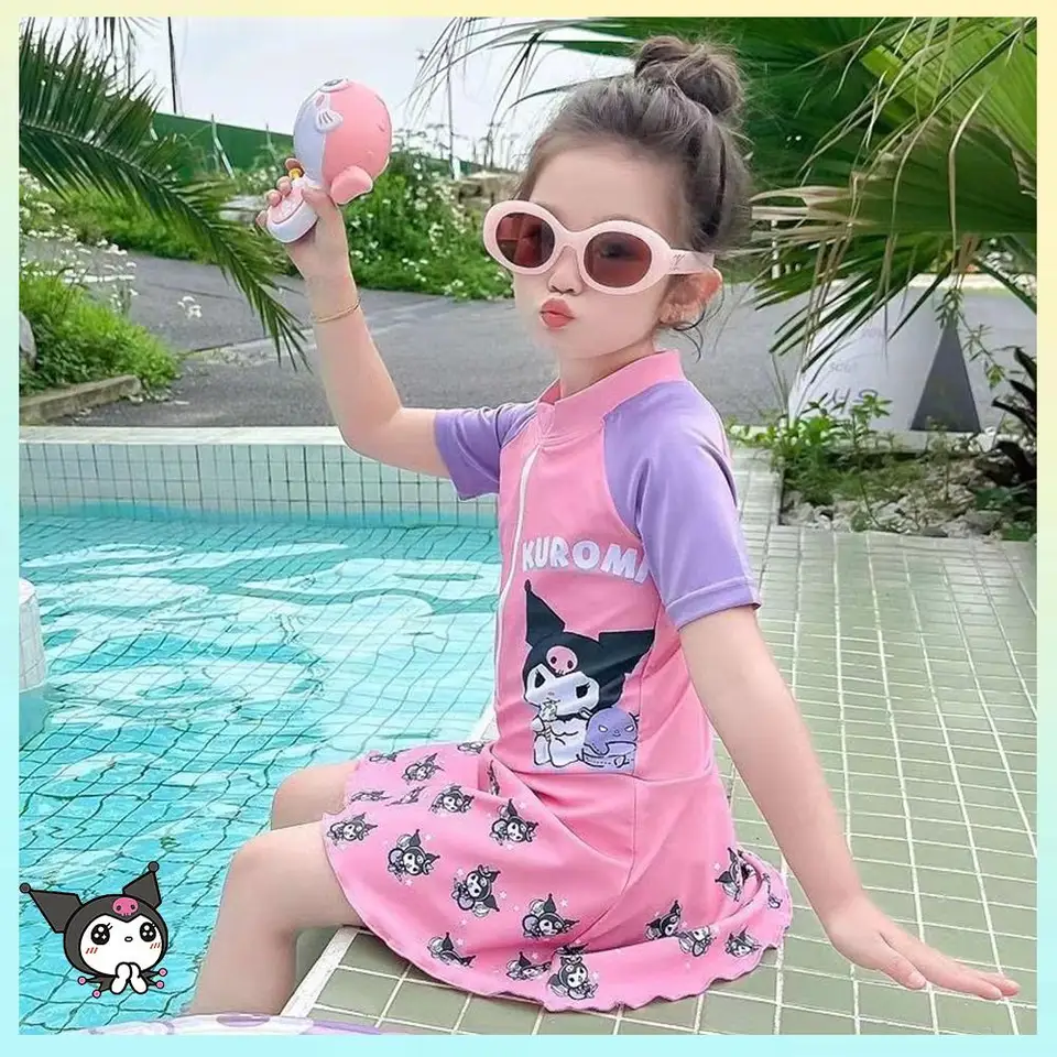 Kawaii Summer Kuromi Kids Plavky anime sanrios dievčatá plavky s krátkym rukávom Rýchle suchý krém na slnečné krémy plavky bikiny plážové oblečenie