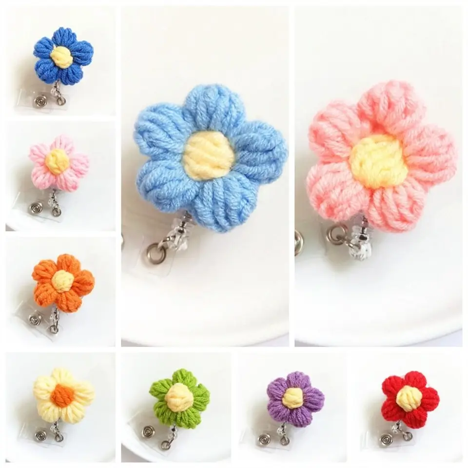 Kawaii vlna sestra Badge navijak navíjateľný pletený flóra kvet držiaka držiaka pracovná karta Názov TAG