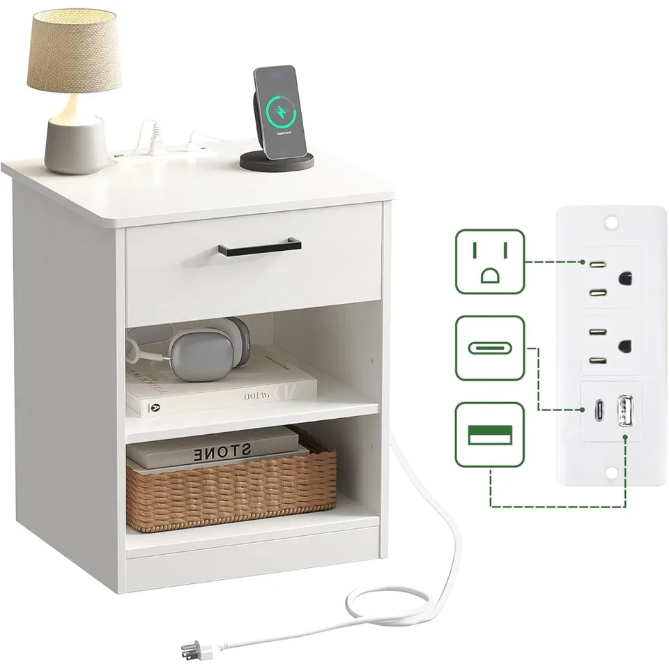 Každodenný bočný stôl s rýchlym nabíjaním stanice - USB C Cable Rýchle nabíjanie, drevený biely nočný stolík na nočný stolík so zásuvkou