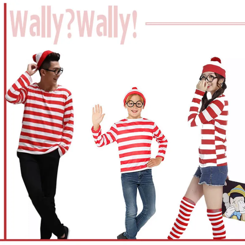 Kde waldo pruhované košele mládež mládež chlapci chlapci z Wally kostýmy košele okuliare a ponožky unisex dospelých Halloween Cosplay kostým