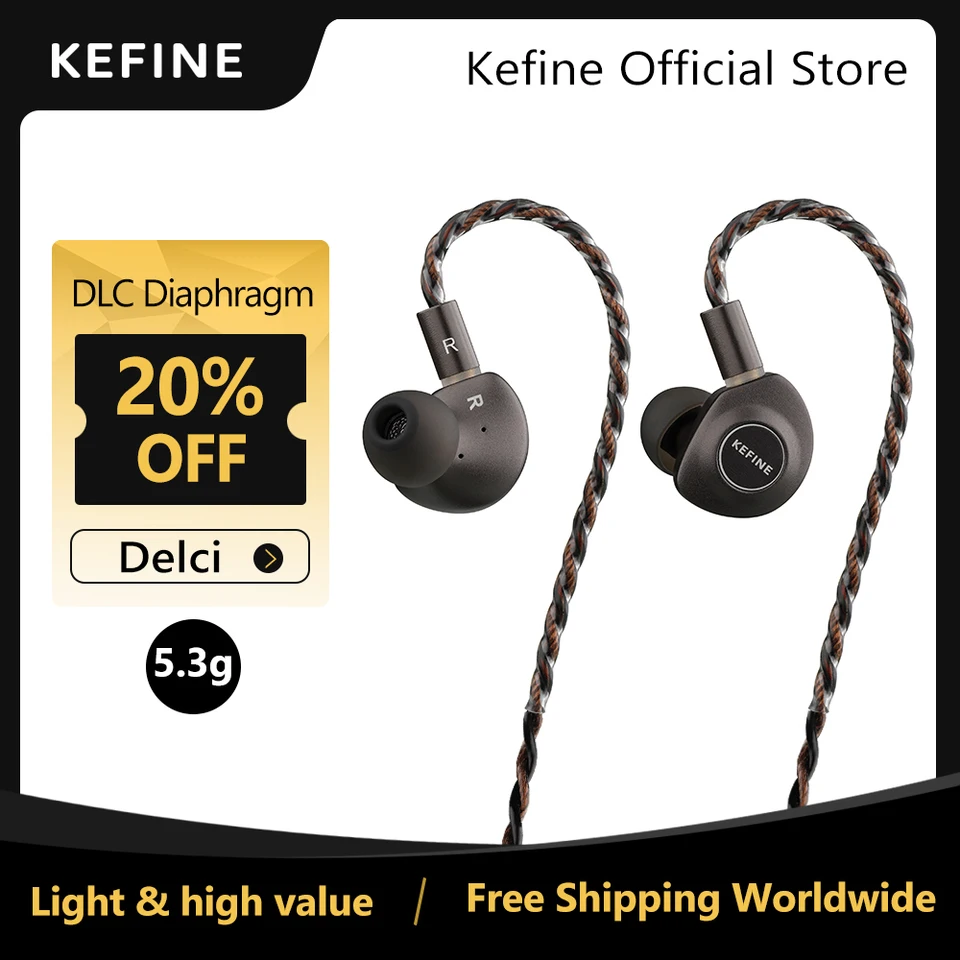 Kefine Delci 10 mm DLC+PU membrána Dynamický ovládač Hifi káblové slúchadlá IEM s CNC kovom a odnímateľné 0,78 mm 2pin 3,5 mm kábel