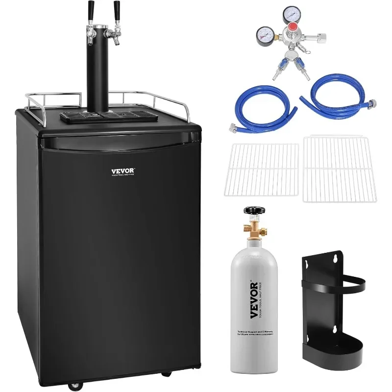 Kegerátor piva Vevor, Dual Tap Draft DispenSer, chladničku s kudom v plnej veľkosti s policiami, CO2 valcami, odkvapkávacím podnosom a železnikom