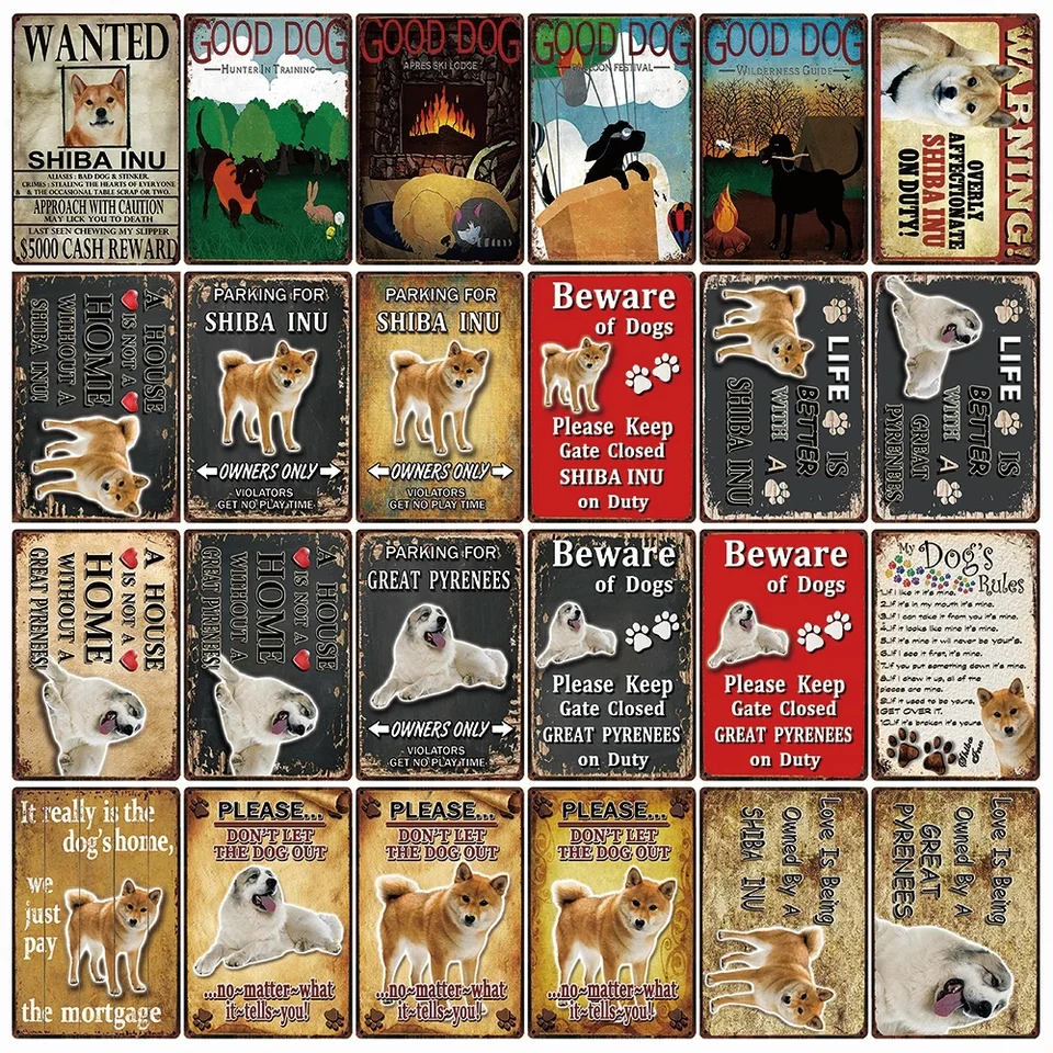 [Kelly66] Domáce zvieratá Výstražné psov pravidlá Shiba Inu a Great Pyrenees Metal Sign Domovod dekorácie Bar nástenná maľba 20*30 cm veľkosti DG-34