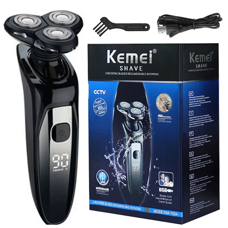 Kemei 3D LCD Displej vodotesného elektrického holiaceho strojčeka pre mužov vlhký suchý brada Elektrický holiaci strojček na holenie tváre nabíjateľný stroj
